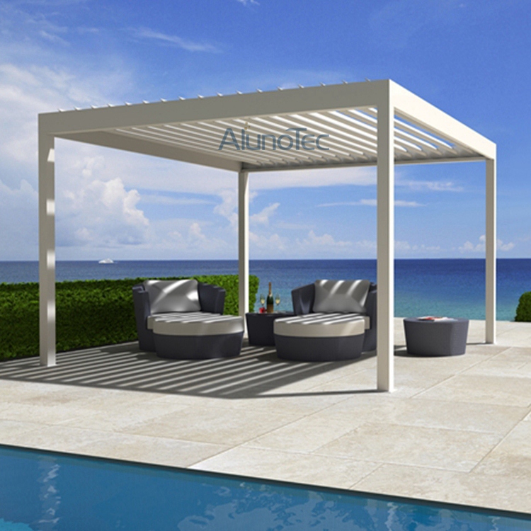 Aluminium-Pergola-Abdeckungen für den Außenbereich, die mit Seitenjalousien am Haus befestigt sind