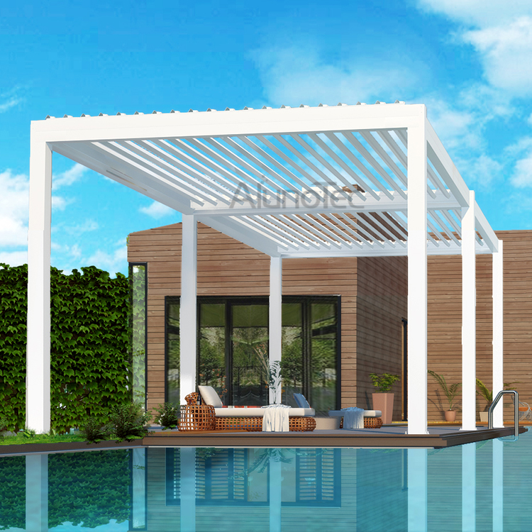 Aluminium-Pergola-Abdeckungen für den Außenbereich, die mit Seitenjalousien am Haus befestigt sind