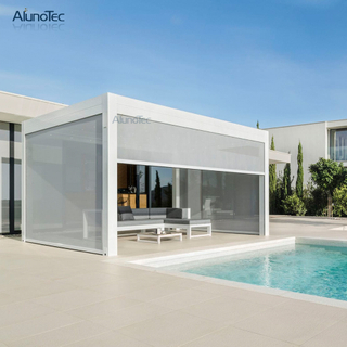 Bioklimatische Pergola mit motorisierter Öffnung, Aluminium-Pavillon für den Außenbereich mit Lamellen und Seitenwand