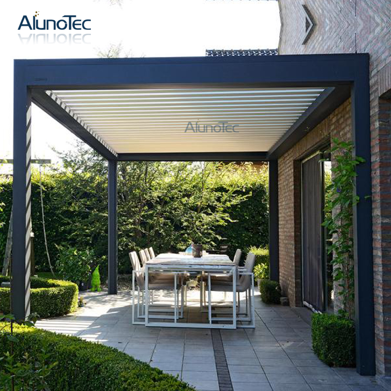 Moderner Gartenpavillon aus Aluminium mit elektrischer Öffnung und Schließung des Terrassen-Pergola-Dachs