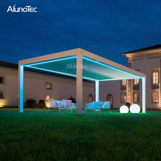 Wasserdichter Sonnenschutz mit Lamellen, motorisierte Villa-Pergolen aus Aluminium mit Vorhang