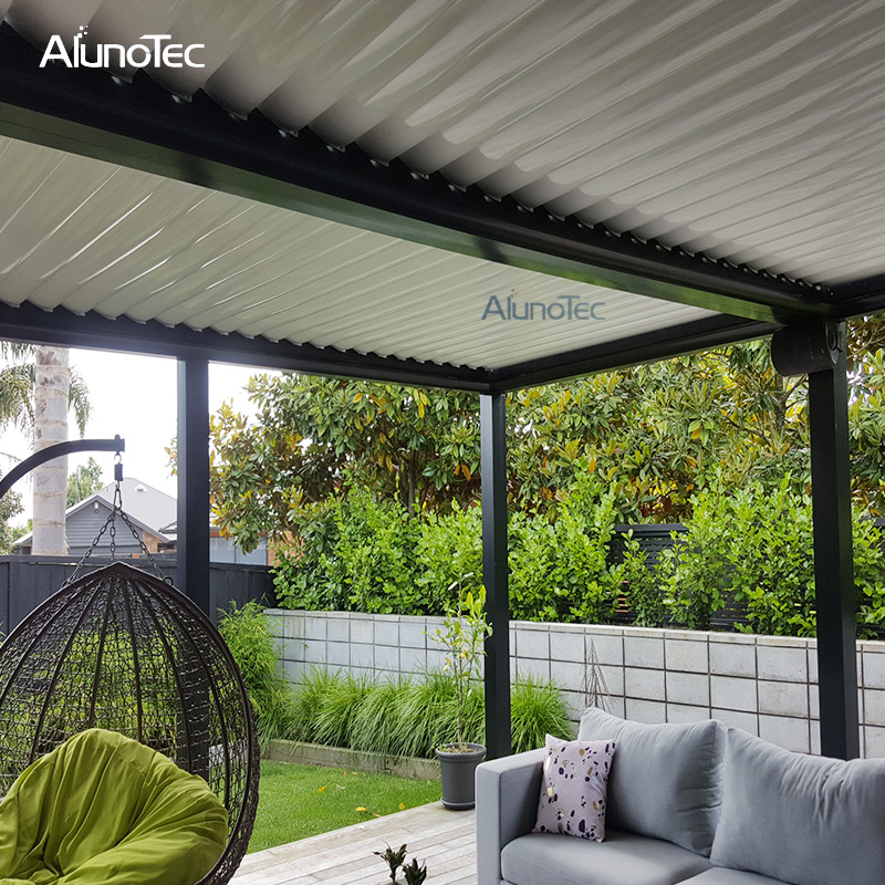 Chinesischer automatischer Terrassen-Gartenpavillon, elektrische Pergola, Aluminium-Öffnungsdach 