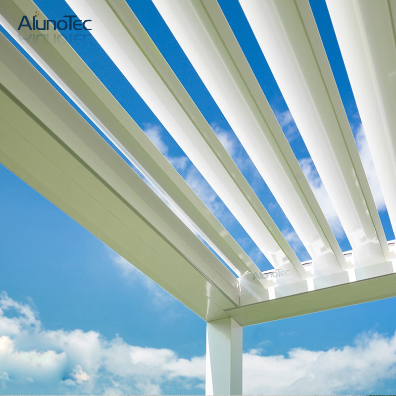 Pulverbeschichtete Terrassen-Dachpergola mit elektrischem Rollladen in dunkelgrauer Farbe