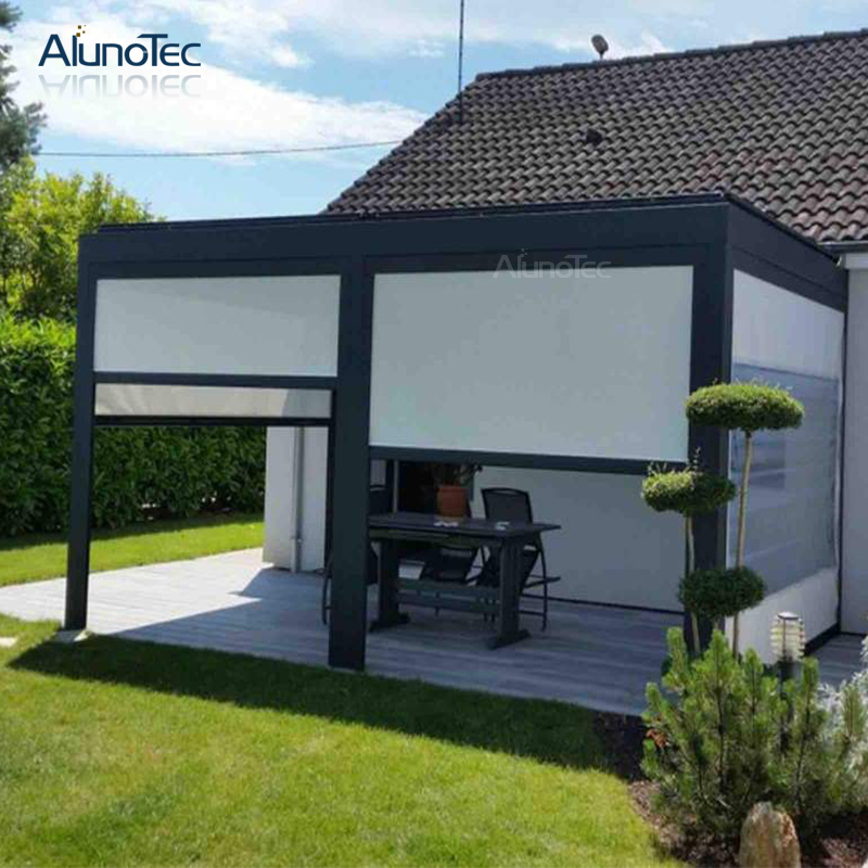 China-Fernbedienungs-Garten-Aluminium-Lamellendach-Pergola, einfacher Aufbau eines Pavillons mit Glastür