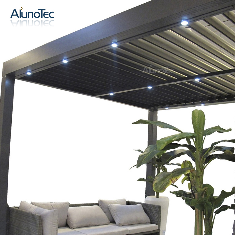 Bioklimatische Pergola mit motorisierter Öffnung, Aluminium-Pavillon für den Außenbereich mit Lamellen und Seitenwand