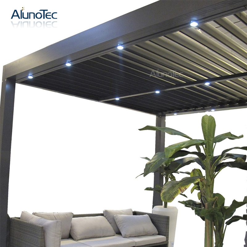 Bioklimatische Pergola mit motorisierter Öffnung, Aluminium-Pavillon für den Außenbereich mit Lamellen und Seitenwand