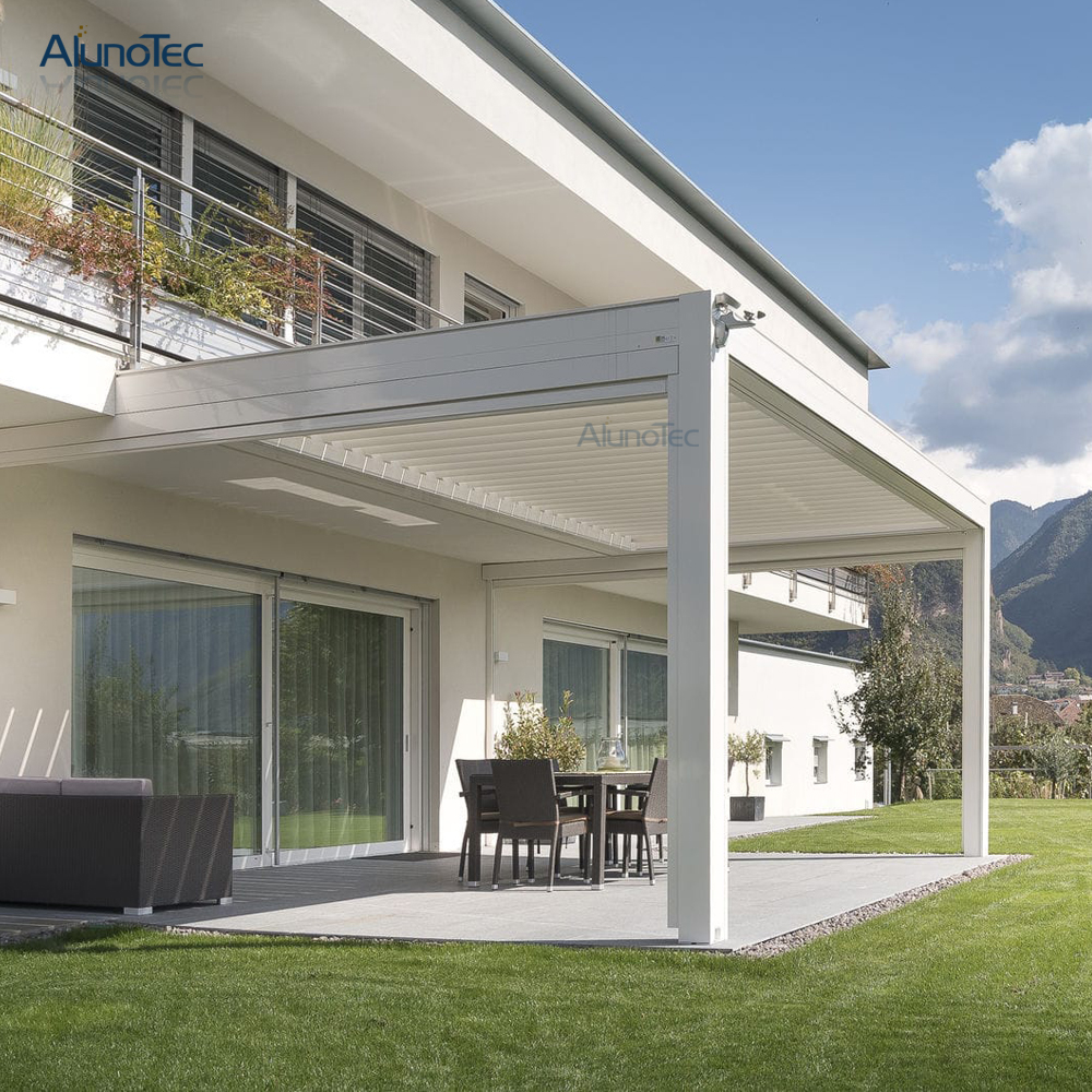 Bioklimatische Pergola mit motorisierter Öffnung, Aluminium-Pavillon für den Außenbereich mit Lamellen und Seitenwand