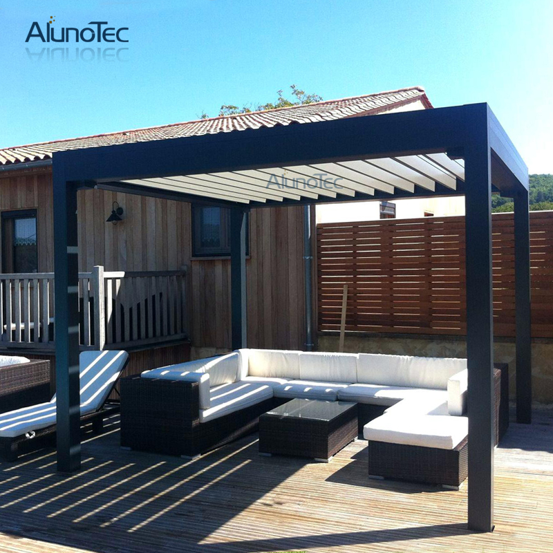 Bioklimatische Pergola mit motorisierter Öffnung, Aluminium-Pavillon für den Außenbereich mit Lamellen und Seitenwand