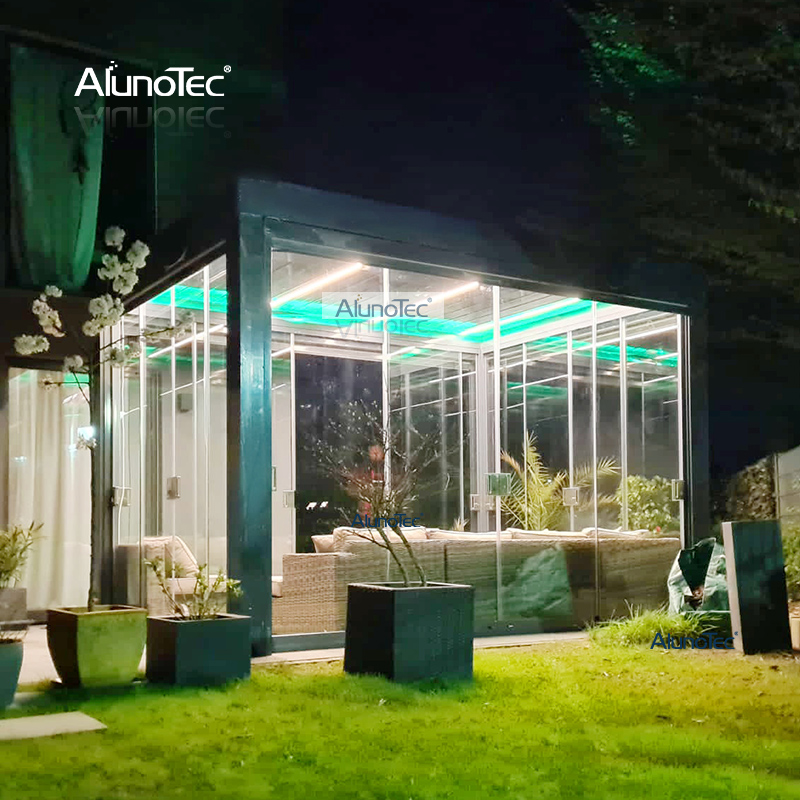  Motorisierter Outdoor-Pavillon, modernes Aluminium-Lamellendach, bioklimatischer Pergola-Sonnenschutz mit Rollläden, Glastür