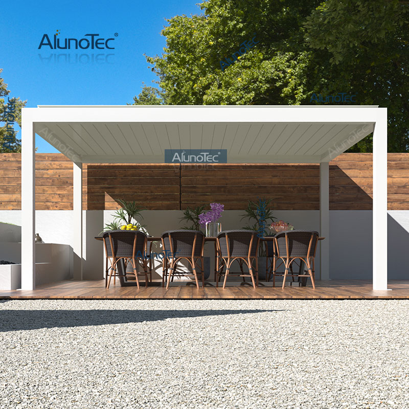 AlunoTec breite weiße motorisierte Lamelle, 28' x 5' x 19' x 8' Pergola-Schatten mit offenem Kamin, LED-Deckenventilator