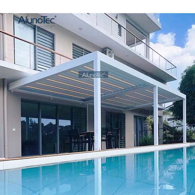 4 m breit x 4 m, an der Wand montierte, freistehende Pergola, graues, motorisiertes, wasserdichtes Aluminiumdach mit Curtians-Lamellen