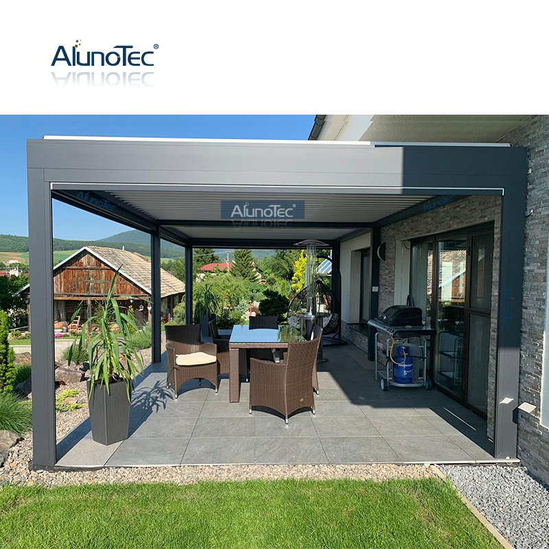 AlunoTec 4 x 9 m großer Pool-Grillbereich, Lamellendach, Abdeckung einer Pergola mit Glasschiebewänden.