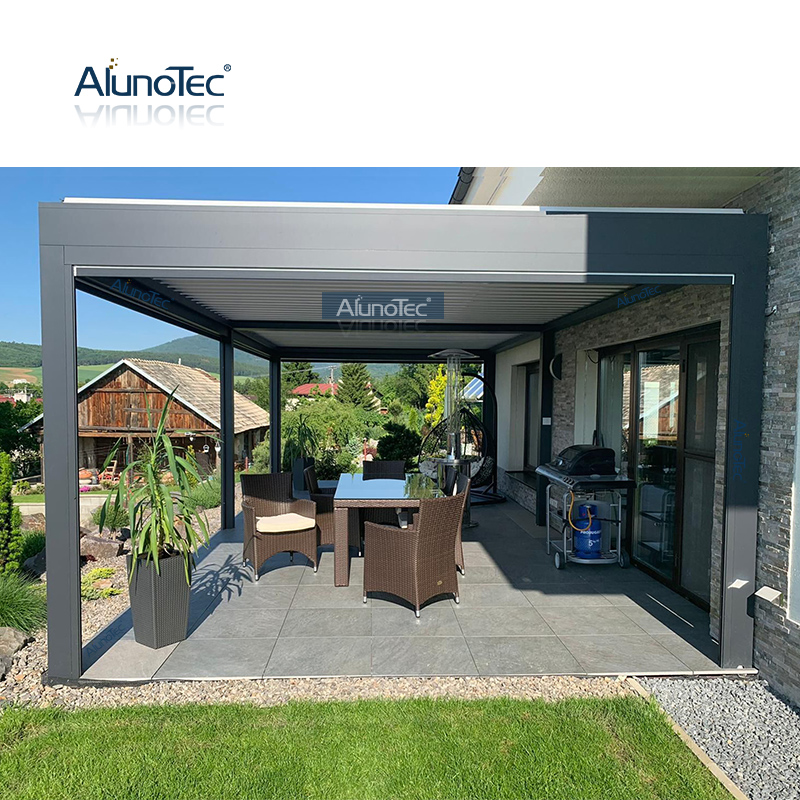 AlunoTec 4 x 9 m großer Pool-Grillbereich, Lamellendach, Abdeckung einer Pergola mit Glasschiebewänden.