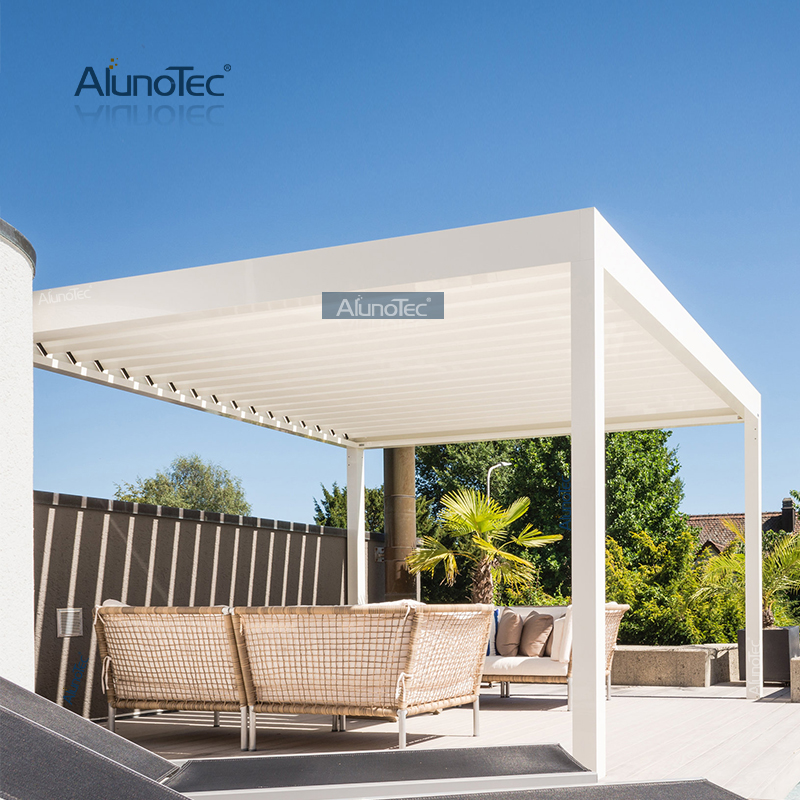 Robuste, motorisierte, verstellbare Lamellendach-Terrassenabdeckung, Pergola-Pavillon mit Schiebetür