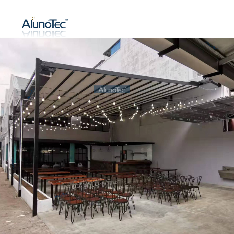 Outdoor-Aluminium-wasserdichtes PVC-Faltdach, einziehbares Pergola-Markisensystem mit LED-Leuchten