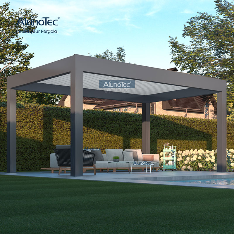 AlunoTec Lamellen-Terrassenabdeckung, motorisierter Decken-Pergola-Bereich mit automatischen Fliegengittern