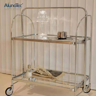 AlunoTec Rollender Weinwagen, Wohnzimmer-Teewagen, 2 Etagen, beweglicher Barwagen mit Glastischplatte