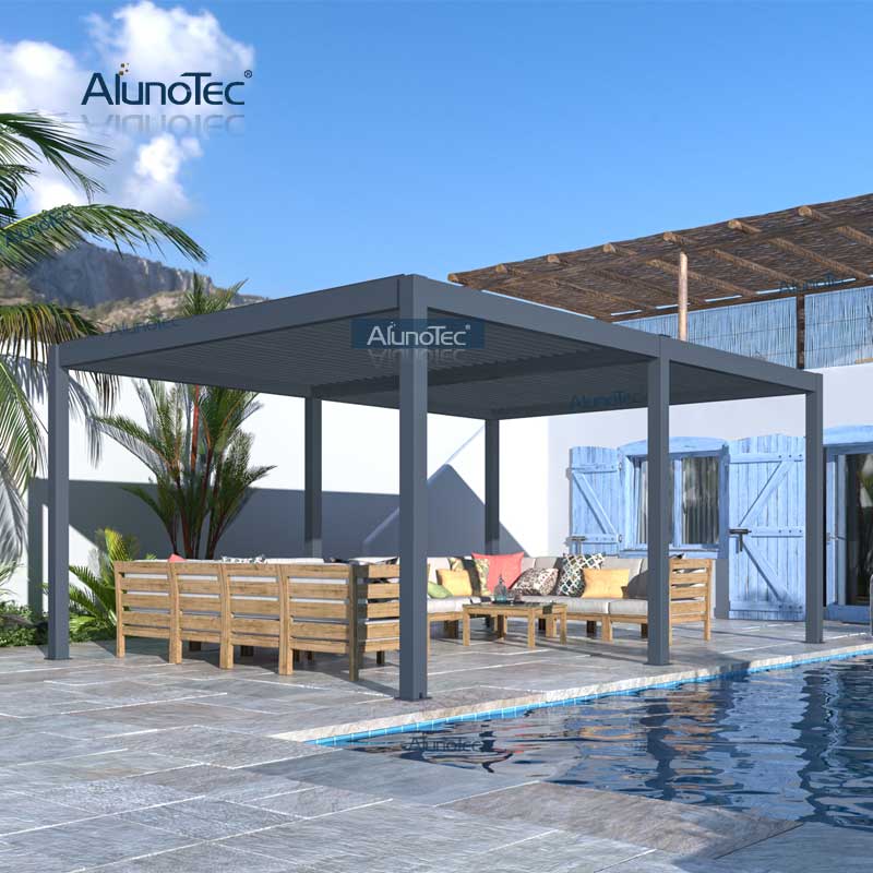 AlunoTec 16x16 ft weiße Lamellen-Pergola mit dunkelgrauen Lamellen und dimmbarer LED-Streifenbeleuchtung