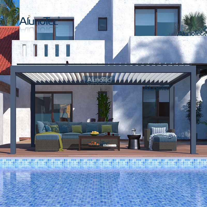 AlunoTec breite weiße motorisierte Lamelle, 28' x 5' x 19' x 8' Pergola-Schatten mit offenem Kamin, LED-Deckenventilator
