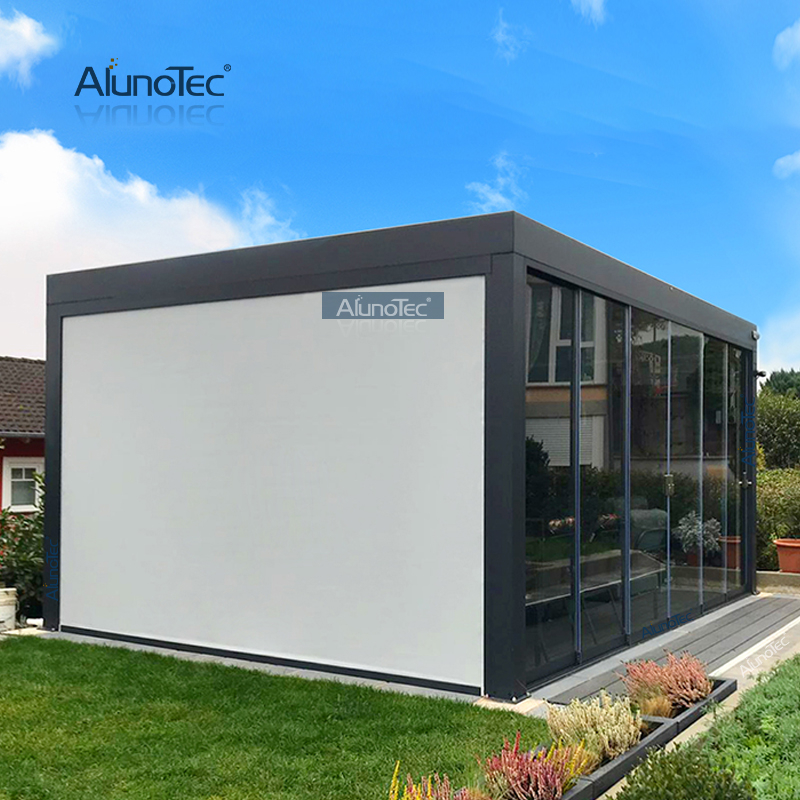 AlunoTec motorisierte, wasserdichte Terrassenabdeckung, Lamellendach, automatische Aluminium-Markise für den Außenbereich, Gazobo-Pergola mit LED-Leuchten