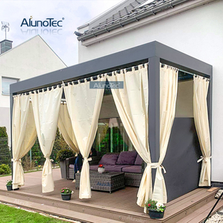 4 m breit x 4 m, an der Wand montierte, freistehende Pergola, graues, motorisiertes, wasserdichtes Aluminiumdach mit Curtians-Lamellen