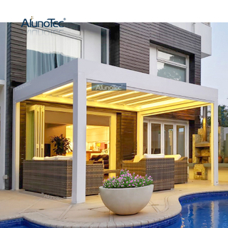 Elektrisches Zelt, einziehbare Markise, wasserdichte Aluminium-Pergola mit LED-Licht und Säule