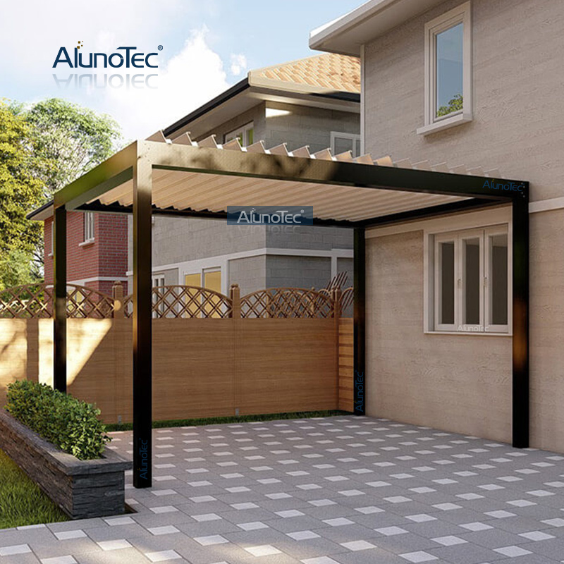 AlunoTec Modernes Design, wasserdichte Markise für den Außenbereich, freistehende Aluminium-Gartenlamellen-Pergola mit Seitenschutz