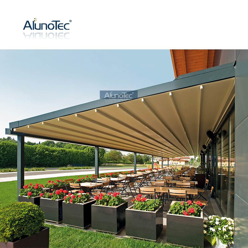 Heißer Verkauf motorisierte Aluminium-Sonnenschutzabdeckung PVC-Überdachung, zusammenklappbare Pergola, einziehbare Markise
