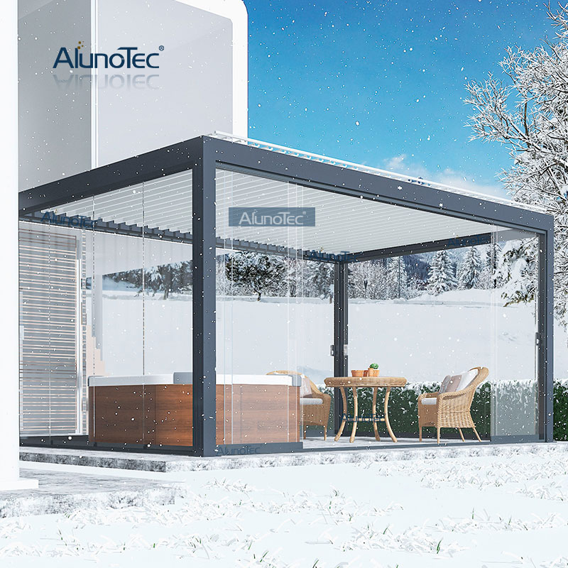 AlunoTec Manuell/motorisierter Garten-Sonnenschutz, Überdachung, Aluminium-Pavillon, regensichere Lamellen-Pergola mit LED