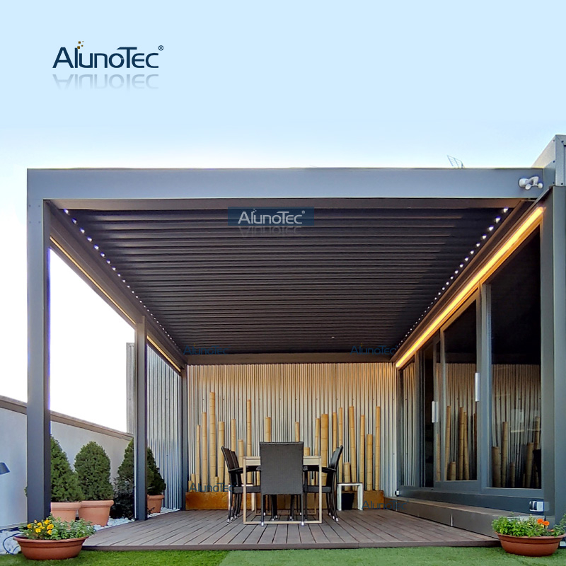 AlunoTec-Konfiguration Preisbereich Home Deck Aluminium-Pergola-Sichtschutzrollos mit Glasschiebetüren