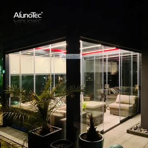  Motorisierter Outdoor-Pavillon, modernes Aluminium-Lamellendach, bioklimatischer Pergola-Sonnenschutz mit Rollläden, Glastür