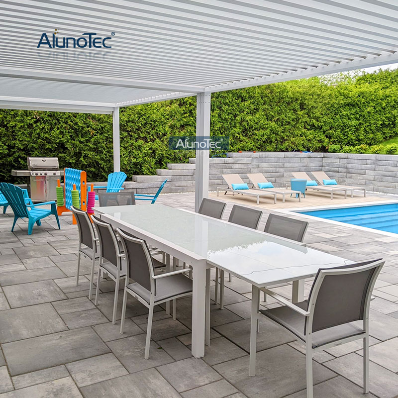 Motorisiertes Lamellendach, wasserdichte Markise, Pergola-Gewächshaus mit Glastür