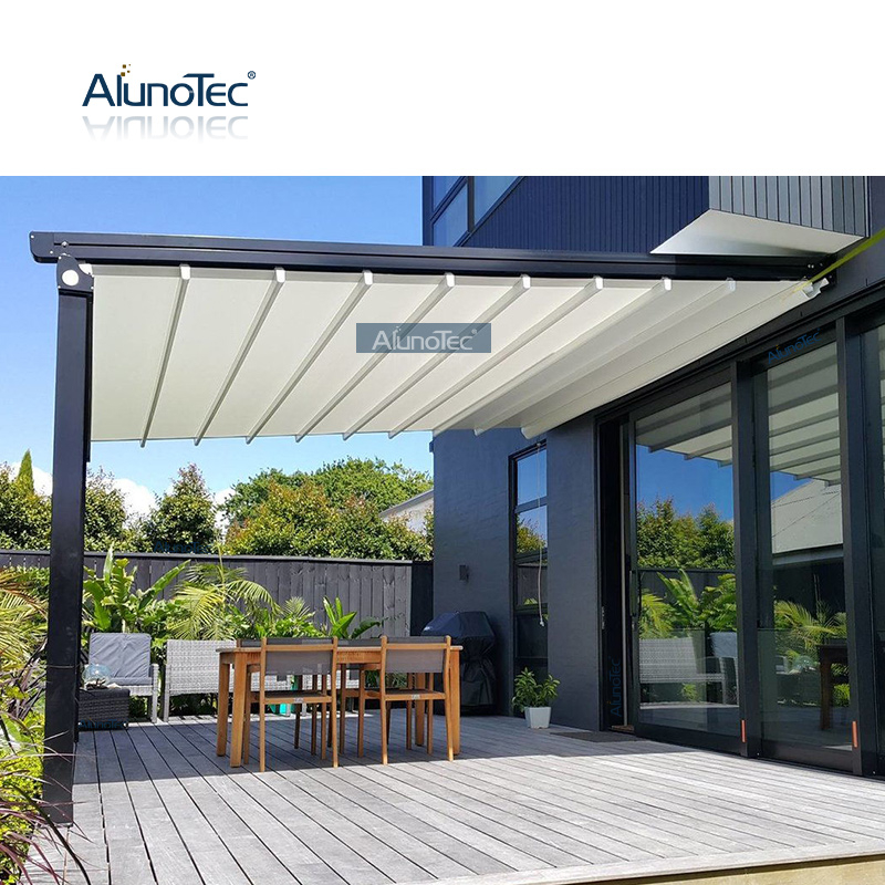 Heißer Verkauf motorisierte Aluminium-Sonnenschutzabdeckung PVC-Überdachung, zusammenklappbare Pergola, einziehbare Markise