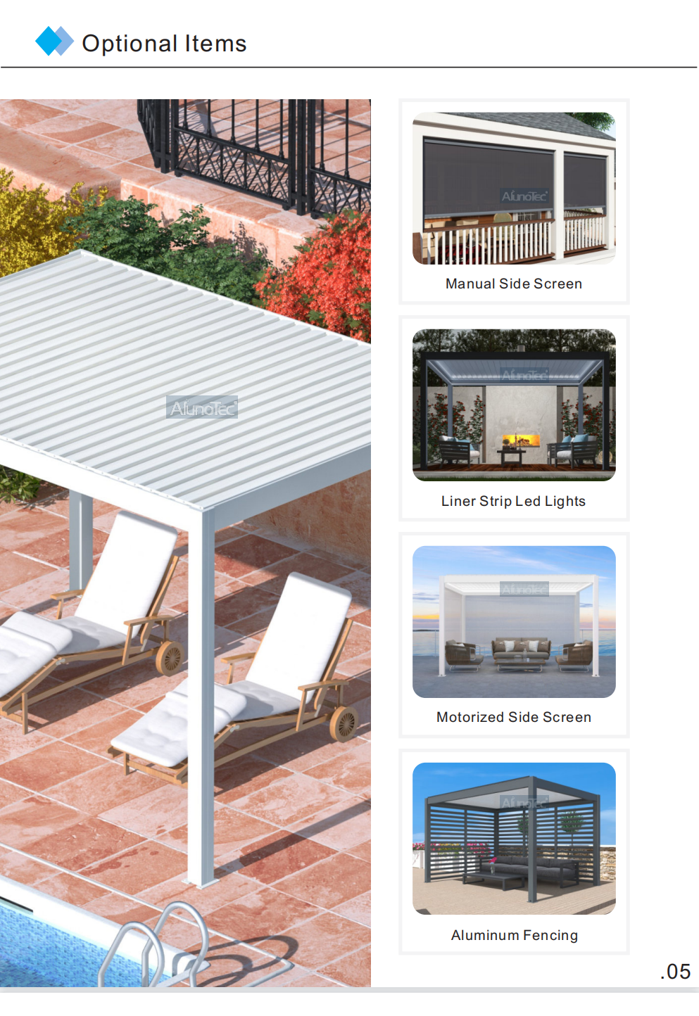 AlunoTec Standardgrößen, öffnende Dachlamellen, Pavillon, Garten, Aluminium, manuelle bioklimatische Pergola