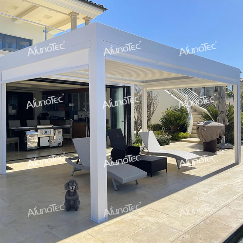Maßgeschneiderte Aluminium-Pergola-Designideen, DIY-Dachpavillon zum Öffnen mit Vorhang