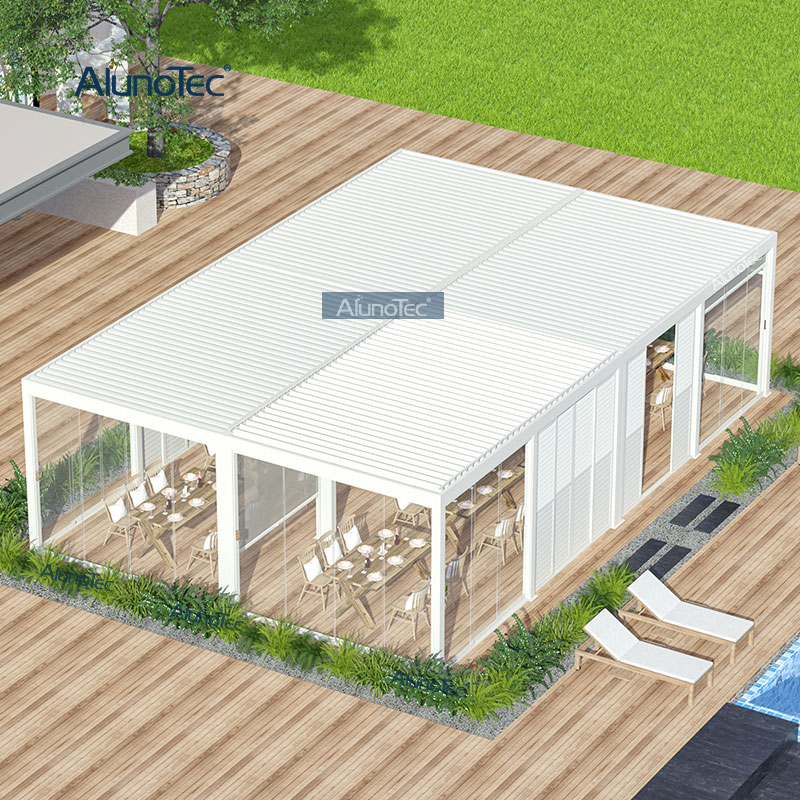 AlunoTec motorisierte, wasserdichte Terrassenabdeckung, Lamellendach, automatische Aluminium-Markise für den Außenbereich, Gazobo-Pergola mit LED-Leuchten
