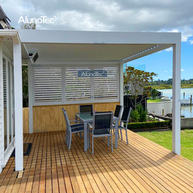 AlunoTec Modernes Design, wasserdichte Markise für den Außenbereich, freistehende Aluminium-Gartenlamellen-Pergola mit Seitenschutz