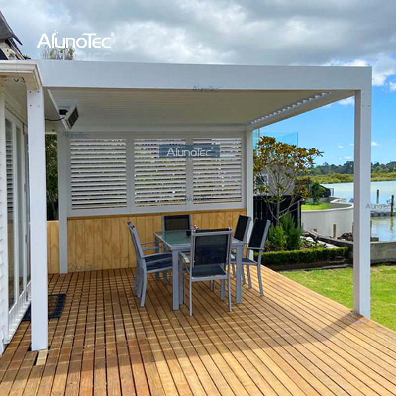 AlunoTec Modernes Design, wasserdichte Markise für den Außenbereich, freistehende Aluminium-Gartenlamellen-Pergola mit Seitenschutz