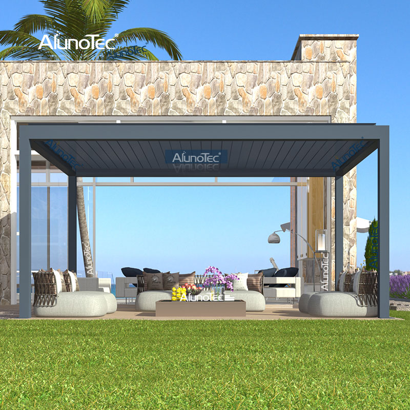 AlunoTec breite weiße motorisierte Lamelle, 28' x 5' x 19' x 8' Pergola-Schatten mit offenem Kamin, LED-Deckenventilator