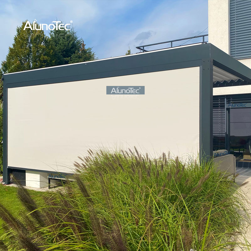  18 x 14 Fuß großes, freistehendes, graues, manuelles, motorisiertes PergoLux-Lamellensystem