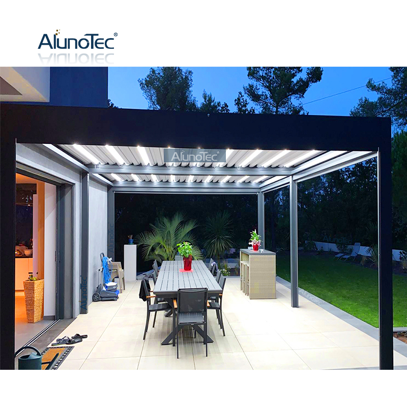 Elektrisches Zelt, einziehbare Markise, wasserdichte Aluminium-Pergola mit LED-Licht und Säule