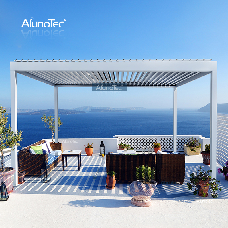 AlunoTec Modernes Design, wasserdichte Markise für den Außenbereich, freistehende Aluminium-Gartenlamellen-Pergola mit Seitenschutz