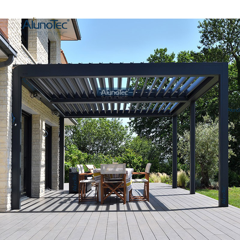 AlunoTec 4 x 9 m großer Pool-Grillbereich, Lamellendach, Abdeckung einer Pergola mit Glasschiebewänden.