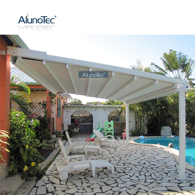 Outdoor-Aluminium-wasserdichtes PVC-Faltdach, einziehbares Pergola-Markisensystem mit LED-Leuchten