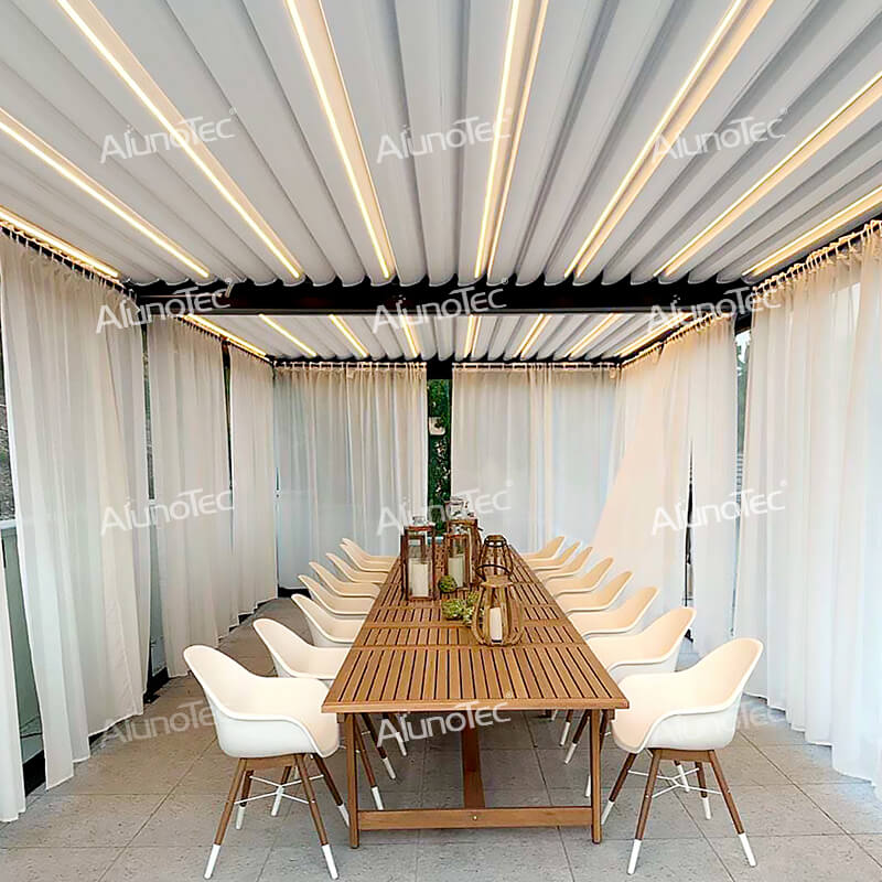 Maßgeschneiderte Aluminium-Pergola-Designideen, DIY-Dachpavillon zum Öffnen mit Vorhang