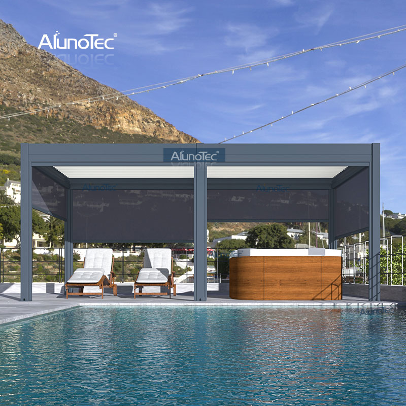AlunoTec 16x16 ft weiße Lamellen-Pergola mit dunkelgrauen Lamellen und dimmbarer LED-Streifenbeleuchtung