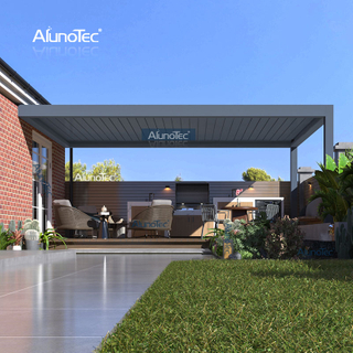 AlunoTec breite weiße motorisierte Lamelle, 28' x 5' x 19' x 8' Pergola-Schatten mit offenem Kamin, LED-Deckenventilator
