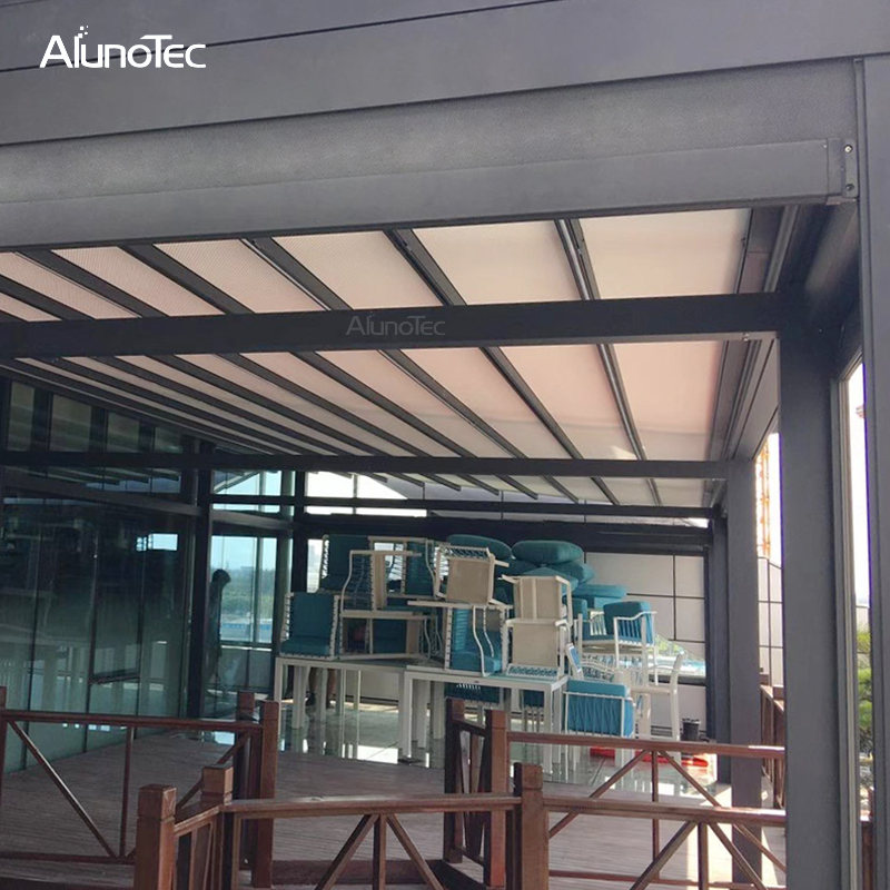 Motorisierte elektrische einziehbare Überdachung für den Außenbereich, Aluminium-Pergola-Dachmarkise mit Seitenschutz