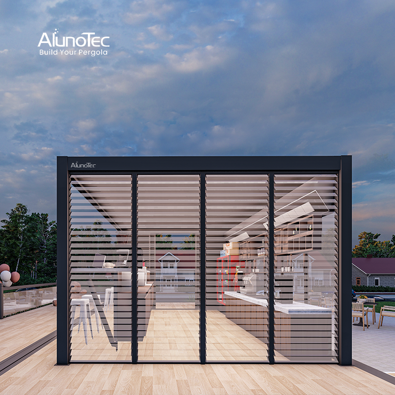 AlunoTec Purgola Dach wetterfeste Outdoor-Kaffeebar-Terrassenkonstruktion mit Lamellenoberseite