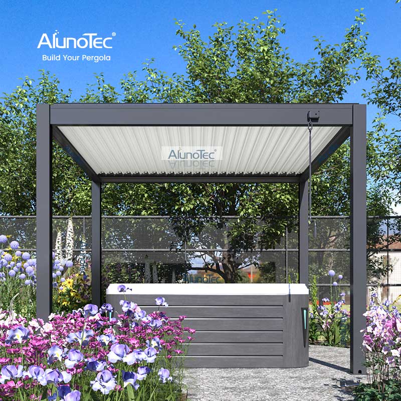 12 x 18 Fuß 14 x 14 Fuß motorisierter Dachpavillon Pergola Terrassenbereich mit Bildschirmen Hitze 
